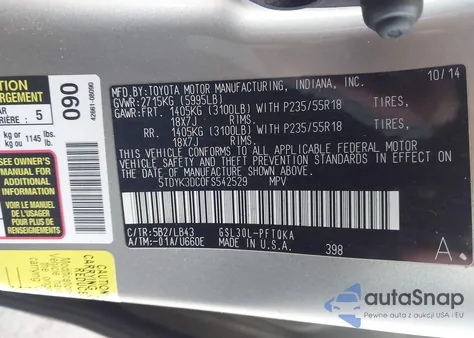 2015 Toyota Sienna Limited Premium 7 Passenger z USA, uszkodzony, nr VIN 5TDYK3DC0FS542529